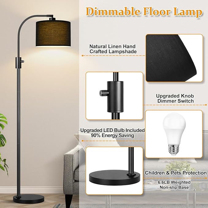 Nintiue Upgraded Modern Arc Dimmable Tall Standing Floor Lamp with Black Shade, 1200 Lumens LED Bulb Included, for Living & Reading Room, Bedroom, Office & Nursery, Black