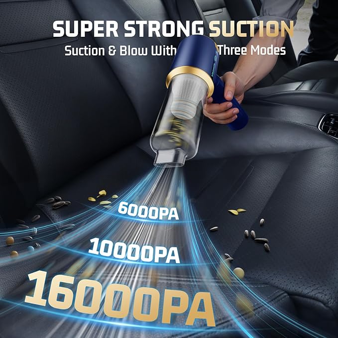 Car Handheld Vacuum Cordless: Car Vacuum Cleaner with 16000Pa Ultra-Strong Suction, Brushless Motor & HEPA Filter - Lightweight Design for Drivers and Office Workers - Blue