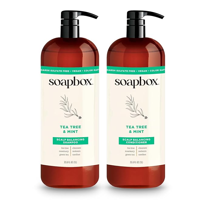 Soapbox Tea Tree Shampoo and Conditioner Set, Scalp Balancing with Tea Tree Oil, Jojoba Oil, Aloe and Shea Butter to Clean and Purify for All Hair Types, 1 Liter Each (Pack of 2)