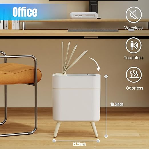 Yatmung 2 Pack - Motion Sensor Trash Can with Lid Slim Smart Garbage Can - Waste Basket for Bedroom, Office, Kitchen, Living Room - Automatic Trash Can Bathroom Touchless - White with Wooden Legs