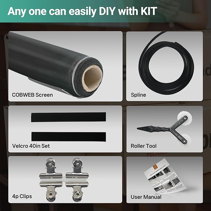 Premium Window Screen DIY KIT 39" 51" Blocks Rain, Pet Scratch, Pollen, Fine Dust 99%, 30Mesh Durable New Material, DIY Tools Included (W39in X L190in)