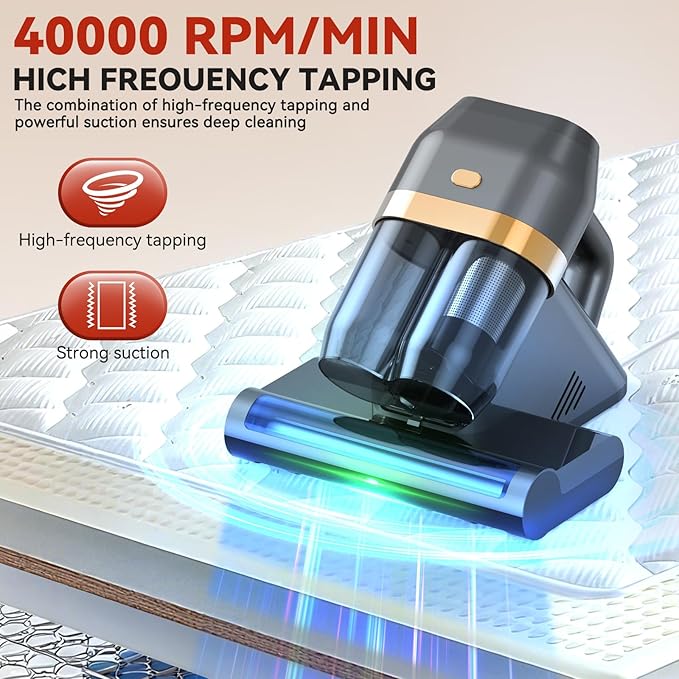 Mattress Vacuum Cleaner with 149°F Heat, 16KPa Powerful Suction, 253.7nm U V-C Light, 40,000 RPM Brushroll, HEPA Filter, Dual 400ml Dust Cups for Bed, Sofa, Pet Hair, Wired Corded Design