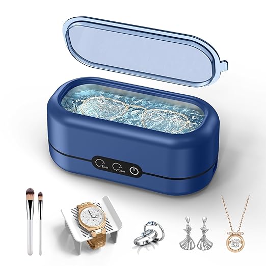 Ultrasonic Jewelry Cleaner, Upgraded 48KHz Jewelry Cleaner Ultrasonic Machine with 304 Stainless Steel Tank for Eyeglasses, Rings, Watch Strap, Dentures, Dual Cleaning Modes - Dark Blue