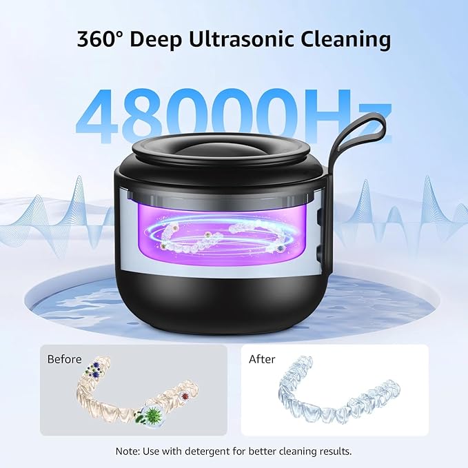 Ultrasonic Cleaner, 48kHz Rechargeable Cordless Jewelry Denture Cleaner Machine, 200ML Cleaning Pod for Jewelry, Rings, Glasses, Mouth Guard, Waterproof UV Cleaner with Digital Timer