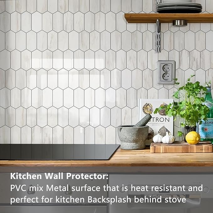 Vamos Tile Long Hexagon Peel and Stick Backsplash Tile - 1 Sheet Stick on Backsplash for Kitchen and Bathroom 12.4 x 12 Inch Glossy Wood Grain PVC Self Adhesive Mosaic Wall Tiles