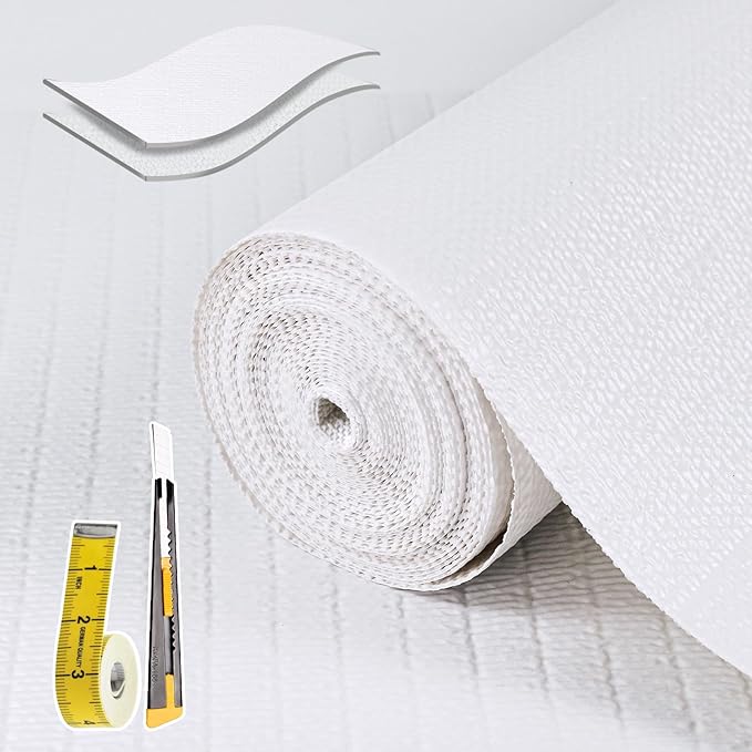 Shelf Liners for Kitchen Cabinets Non Adhesive Drawer Liner 23.4in x 20FT Pure White Thickened Shelf Liner Strong Non-Slip Easy to Clean for Tool Box Refrigerator with Knife and Tape Measure