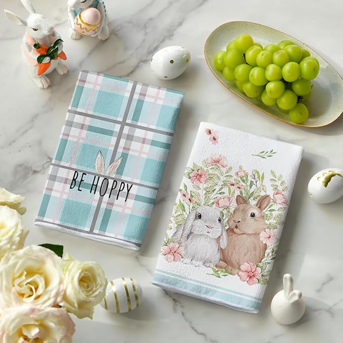 Artoid Mode Light Blue Stripe Polka dots Rabbit Bunny Easter Kitchen Towels Dish Towels, 18x26 Inch Seasonal Spring Decoration Cleaning Set of 4