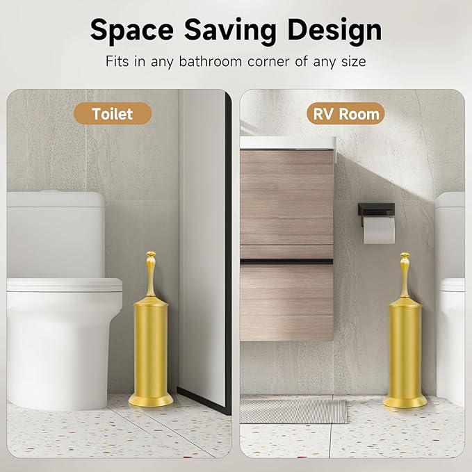 Brass Toilet Brush and Holder，Extra Long Handled Gold Toilet Brush for Bathroom，Stainless Steel Heavy Duty Toilet Bowl Brush,Deep Cleaning Modern Toilet Cleaner Brush -Space Saving, Covered Brush
