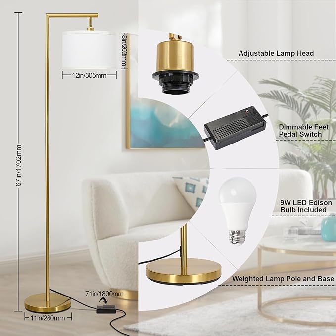 Boncoo Gold Floor Lamp, Montage Modern Standing Lamp with Flexible Lamp Head, Dimmable Floor Lamp for Living Room Tall Over Couch Reading Light for Bedroom, Office, 9W LED Bulb Included