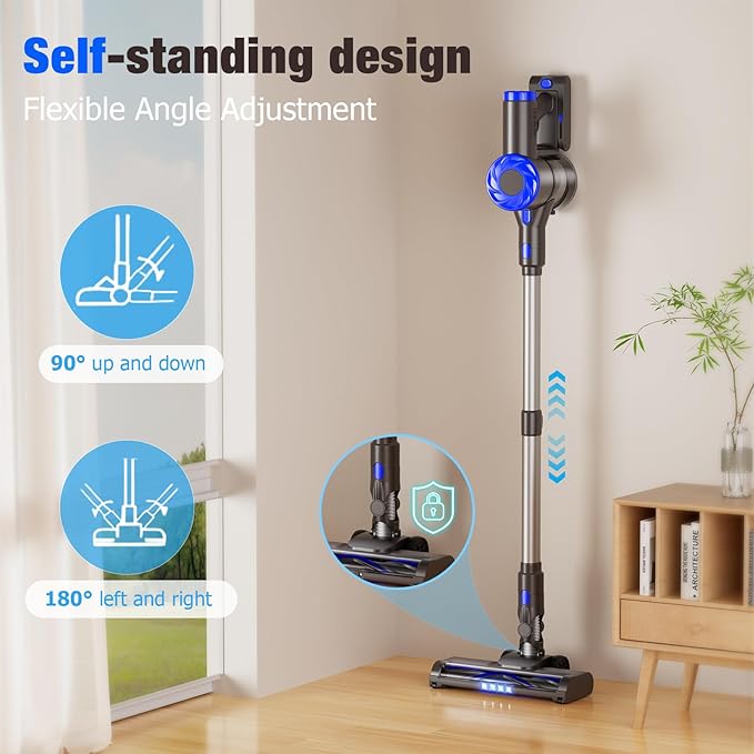 Cordless Vacuum Cleaner, Upgraded 40Kpa Stick Vacuum Cleaners for Home, 8 in 1 Lightweight with Self-Standing, 1.5L Dust Cup & Anti-tangle, Rechargeable Vacuum for Hard Floors Carpets Pet Hair