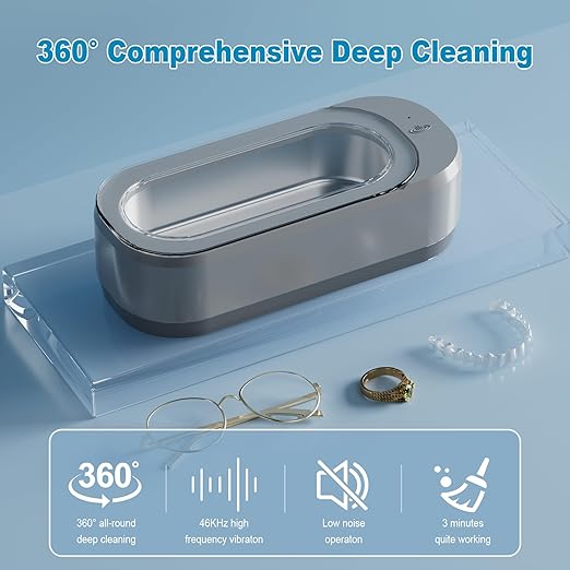 KUNPHY Ultrasonic Jewelry Cleaner, Jewelry Cleaner Machine 12oz 46KHz, Professional Sonic Cleaner with One-Touch Operation, Sonic Cleaner for Rings, Glasses, Jewelry, Dentures, Grey