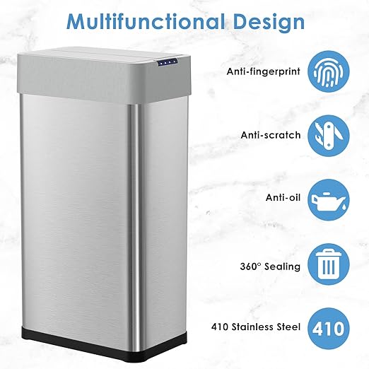 Arlopu 21.1 Gal Automatic Trash Can, 80L Stainless Steel Motion Sensor Garbage Bin, Touchless Brushed Wastebasket, W/Butterfly, Soft-Close Lid, for Living, Dinning Room, Kitchen (Silver)