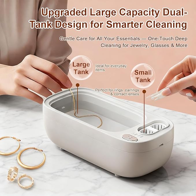 Ultrasonic Jewelry Cleaner,49KHz Professional Ultrasonic Cleaner for Eyeglasses,4 Modes Digital Timer,2 storehouse Ultrasonic jewelry cleaner for Glasses, Retainer, Watch Strap,Dentures