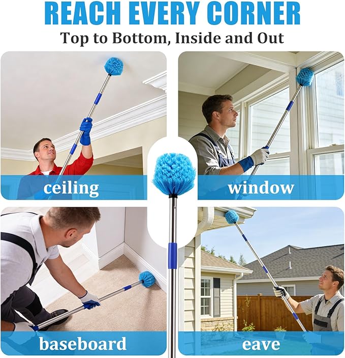 Duster, Cobweb Duster with Extension Pole, Medium Stiff Bristles Cobweb Duster Head & 6-Feet Stainless Steel Pole Ceiling Fan Duster for Outdoor Indoor Cleaning