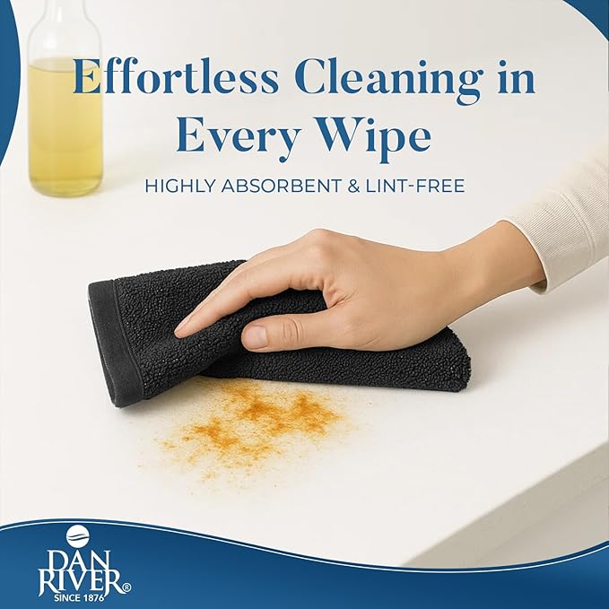 DAN RIVER Kitchen Bar Mops,Pack of 12,16 by 19 Inches,100% Cotton Super Absorbent,Multi-Purpose Cleaning Towels for Home and Kitchen Bars-Black