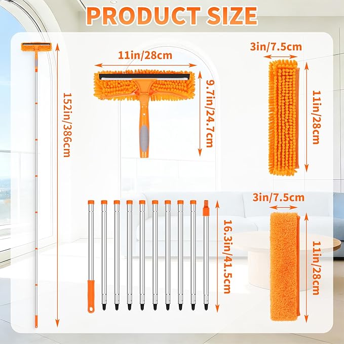 152’’/ 109" Squeegee Window Cleaner, 2 in 1 Rotatable Window Cleaning Tool Kit, Window Washing Kit with Extension Pole for Indoor Outdoor High Window, Car, Glass