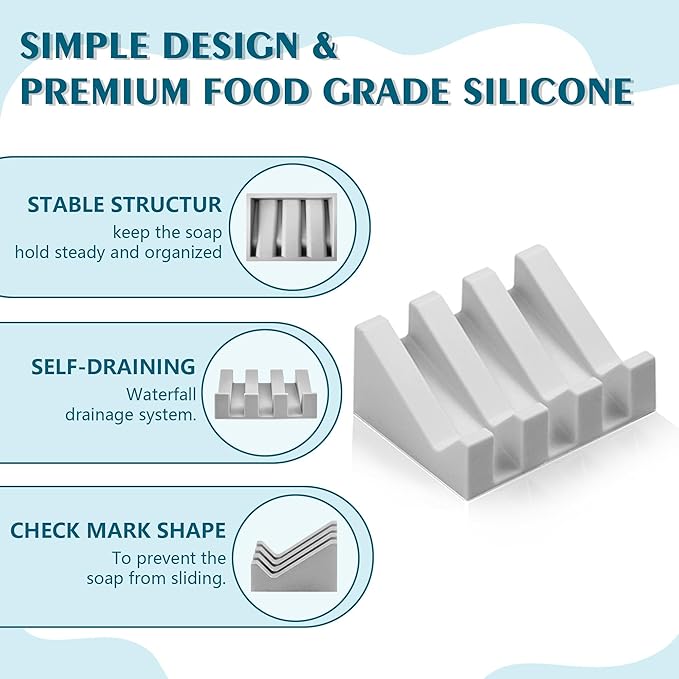 Self Draining Soap Dish Holder,Silicone Soap Dish,for Bathroom,Kitchen, Sponges，Can Extend Soap Life，Keep Soap Bars Dry and Easy Cleaning (Light Grey,4-Pack)