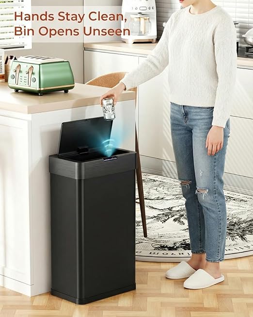 TLSUNNY 16 Gallon Motion Sensor Trash Can,Touchless Automatic Garbage Can,Brushed Stainless Steel Smart Bin,with Bag Holder,Soft Close Lid,for Kitchen,Office,RV,Bedroom,Living Room (Black, 60L)