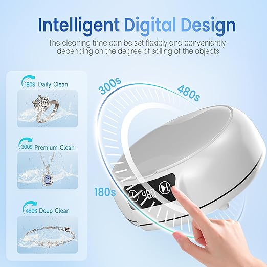 kunphy Ultrasonic Jewelry Cleaner, 700ml(24.5 0z) 48KHz Jewelry Cleaner Machine with 3 Digital Timers, Ultrasonic Cleaning Machine for Glasses, Rings, Diamond, Necklaces