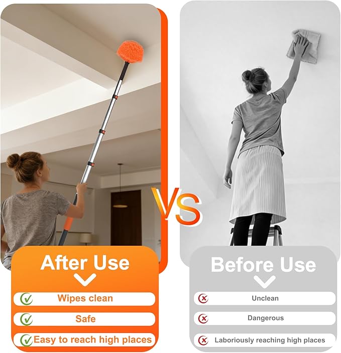 26FT Reach Dusters for Cleaning, Ceiling Fan Cleaner Duster with Extension Pole, Wall and Baseboard Cleaner Mop with Handle for Window Cobweb Fan Blade and High Ceiling