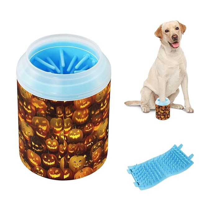 Dog Paw Cleaner Cups for Dogs Pets Foot Washer Paw Scrubber for Medium Small Cats Dogs Cute Cleaning Cup Orange Spooky Halloween Pumpkin Lanterns