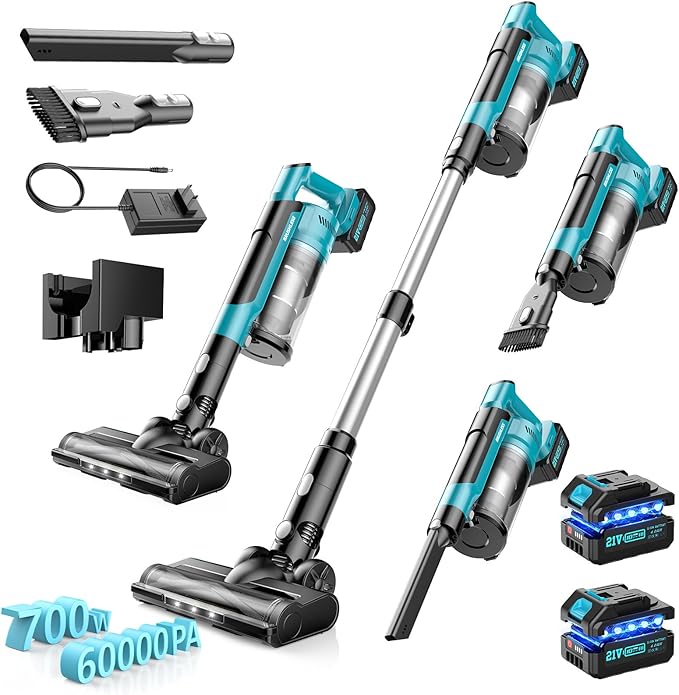Cordless Vacuum Cleaner with 2 * 4000mAh Batteries, 700W 60Kpa Stick Vacuum, 6 in 1 Cordless Stick Vacuum Clearner, Brushless Motor with Led Display for Hard Floors Carpet Pet Hair (Blue)
