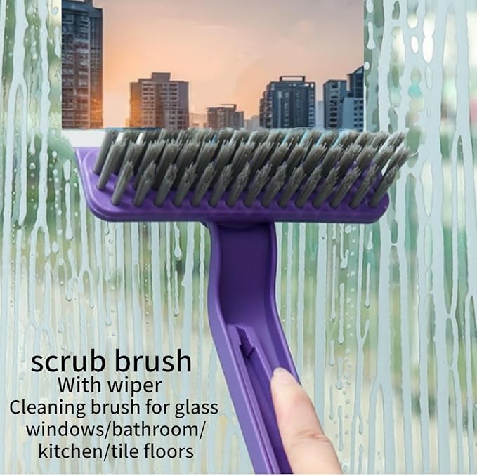 Multi-Purpose Cleaning Brush Stiff-Bristle Kitchen Cleaning Brush with Squeegee, Debris Picker and Scraper, Suitable for Bathroom, Floor and Window, Sink, Bathtub and Tile Grout Cleaning Tools