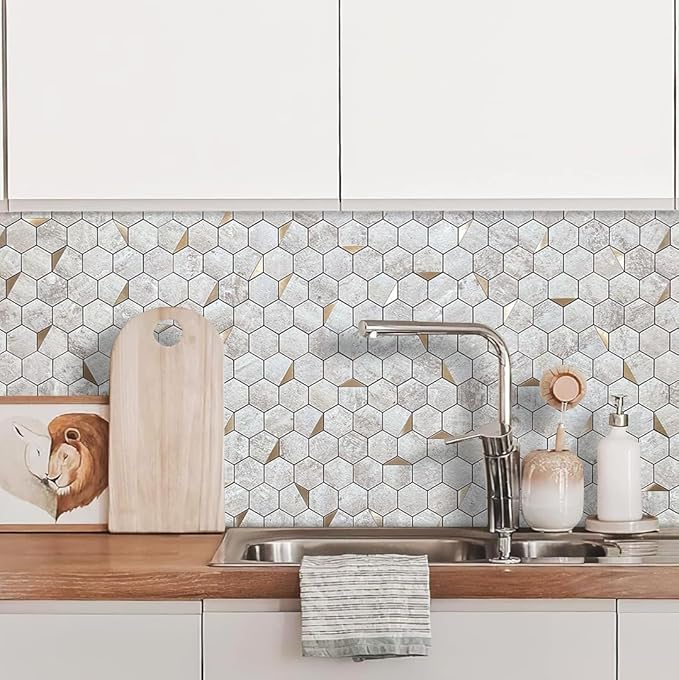 DICOFUN 10-Sheet Hexagon Tile Peel and Stick Backsplash, Beige Stone Look PVC Mixed Gold Metal Mosaic Tiles for Kitchen and Bathroom