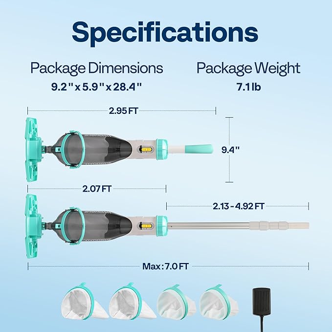 VIVOHOME Cordless Pool Vacuum with Telescopic Pole, Powerful Suction up to 18.5 GPM, 60 Mins Running Time, Handheld Rechargeable Swimming Pool Cleaner for Pools/Spas/Hot Tubs - Green