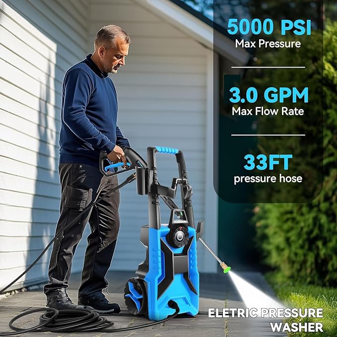 5000 PSI Adjustable Electric Pressure Washer, 2025 New Power Washer Pressure Adjustable (2500PSI-5000PSI) with 33ft Pressure Hose, 4 Nozzle and Detergent Tank for Cars, Upgraded 7050