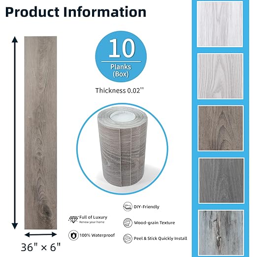 Art3d 15 Sq.ft Peel and Stick Floor Tiles, 10Pcs Luxury Vinyl Plank Flooring Wood Look, 36" × 6" Adhesive and Waterproof Tile Sticker for Bedroom, Living Room, Kitchen, Teak