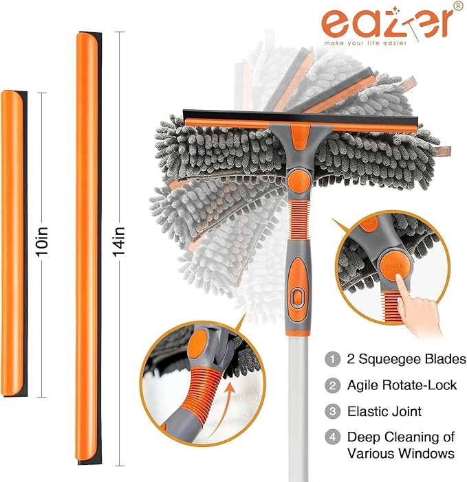 Eazer 2-in-1 Window Cleaner Tool, 64'' Window Squeegee for Home, Window Cleaning Squeegee Kit with Telescopic Pole, Window Washing Kit with Rotatable Bendable Head(Threaded + Telescopic)