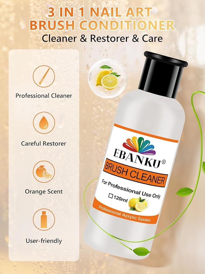 EBANKU Orange Scent 120ml Acrylic Nail Brush Cleaner, 3 in 1 Nail Art Brushes Conditioner Nail Brush Clean Solution Quickly Clean With Glass Cup and Scrub Brush for Solid Gel Polish