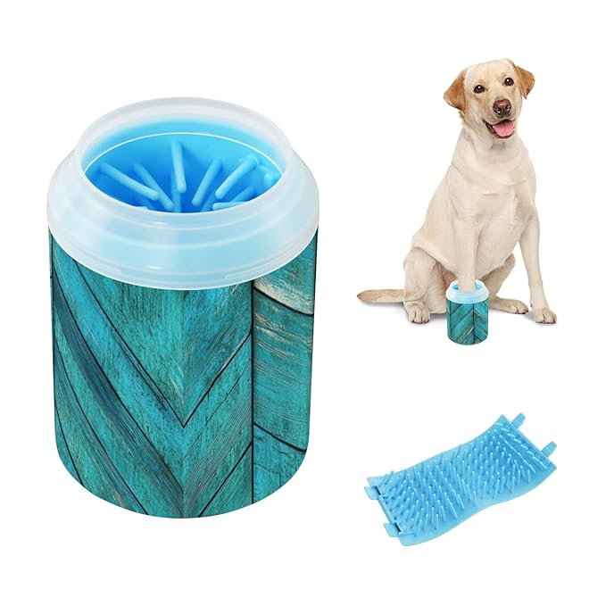 Dog Paw Cleaner Cups for Dogs Pets Foot Washer Paw Scrubber for Medium Small Dogs Cats Cleaning Cup Teal Sea Color Wood