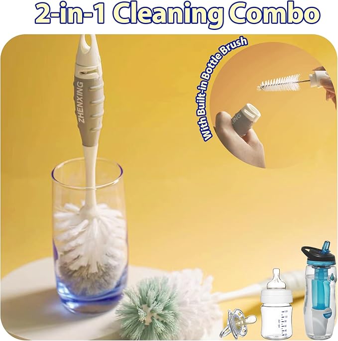 Baby Bottle Brush Set, Long Handle Durable Sponge & Nipple Brush, BPA-Free for Cleaning Sippy Cups, Straws, Small Narrow Baby Bottles and Pacifiers，Grey