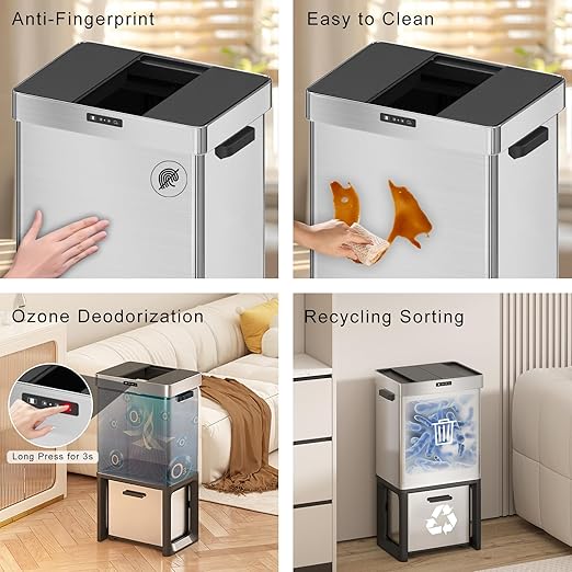 19 Gal Kitchen Automatic Motion Sensor Trash Can with 2 Recycling Dustbin(13.2 Gal+5.8 Gal),Ozone Odor Control Stainless Steel Garbage Can with Slide-Open Lid