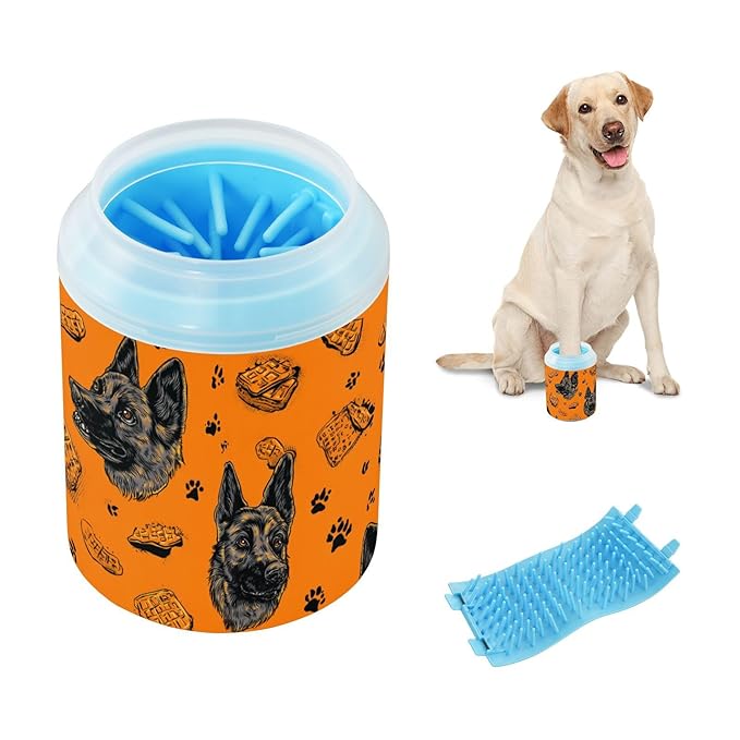 Dog Paw Cleaner Cups for Dogs Pet Foot Washer Paw Scrubber for Medium Small Large Dogs Cats Cleaning Cup Orange Shepherds Dog Paw Prints