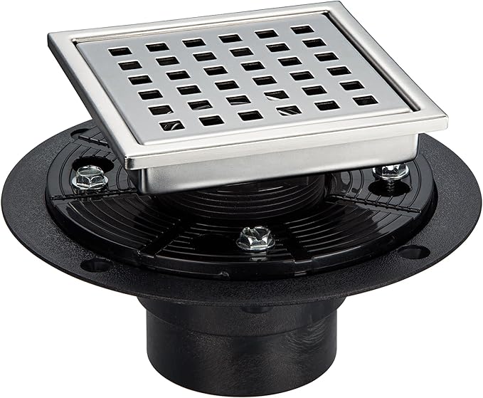WEBANG 4 Inch Square Shower Floor Drain with Flange,Quadrato Pattern Grate Removable,Food-Grade SUS 304 Stainless Steel,Watermark&CUPC Certified,Brushed