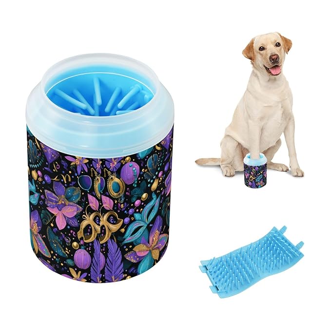 Dog Paw Cleaner Cups for Dogs Pets Foot Washer Paw Scrubber for Medium Small Cats Dogs Cute Cleaning Cup Puprle Mardi Gras Mask Plant