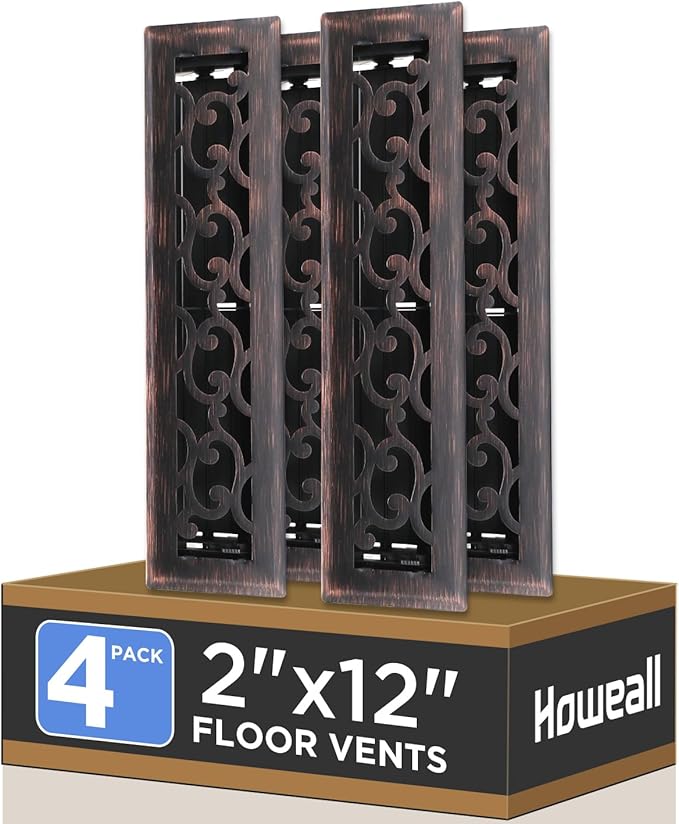 2x12 Inches 4 Pack Heavy Duty Walkable Floor Register - Easy Adjust Air Supply Lever Decorative Floor Vent Covers, Savannah Design Vent Covers for Home - Oil Rubbed Bronze