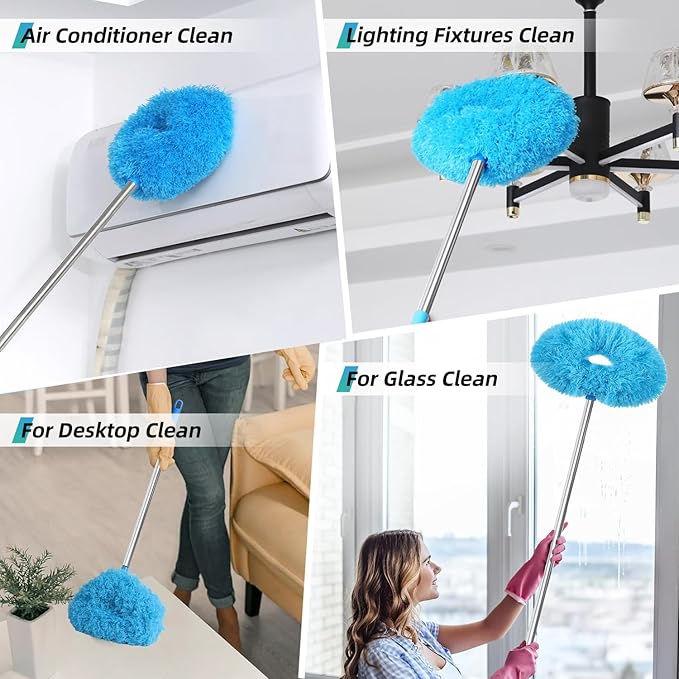 DRQ Ceiling Fan Cleaner Duster, 2 Pack Reusable Microfiber Duster with Extension Pole, 13 to 48 Inch Fan Blade Cleaner, Removable Dusters for Cleaning Walls Bookshelves Door Window Top (Blue)