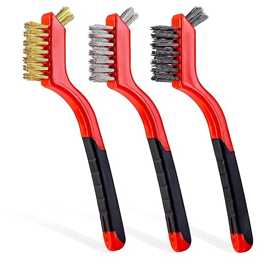 Wire Brush Set for Rust, Paint & Detail Cleaning – 6-Piece Brass, Stainless Steel & Nylon Brushes with Curved Handle for Tight Spaces, Metal, Tile & Household Use