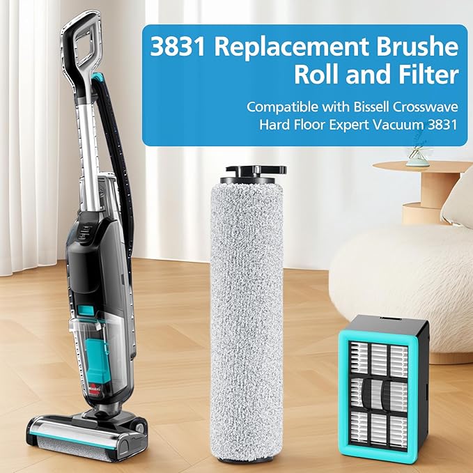 6-pack 3831 Vacuum Cleaner Brush Roll+ Filter Replacement Parts for Bissell Crosswave HF2/3845N/3831 Floor Scrubber, 3 Brush Rolls+3 Filters