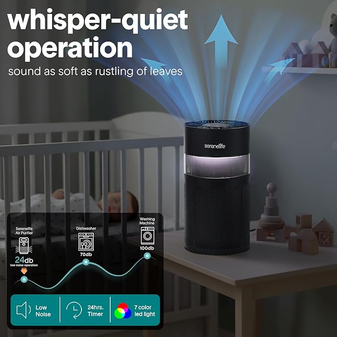 SereneLife Portable Air Purifier | Small Air Purifier For Home, Allergies, Pet Hair & Bedrooms | Filter Change Reminder & Aroma Box | Filtration Removes Dust, & Smoke Odor | Timer & Sleep Mode | Black