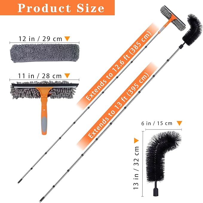 12.5 FT Window Cleaning Kit with 10-Section Extension Pole, Silicone Squeegee, Window Washer & Gutter Cleaning Brush for High Windows, Glass, Cars & Gutters