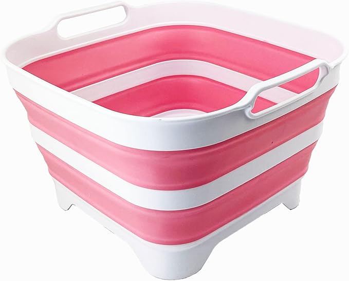 SAMMART 10L (2.64 Gallon) Collapsible Dishpan with Draining Plug - Foldable Washing Basin - Portable Dish Washing Tub - Space Saving Kitchen Storage Tray (White/Pink/White)
