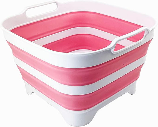 SAMMART 10L (2.64 Gallon) Collapsible Dishpan with Draining Plug - Foldable Washing Basin - Portable Dish Washing Tub - Space Saving Kitchen Storage Tray (White/Pink/White)