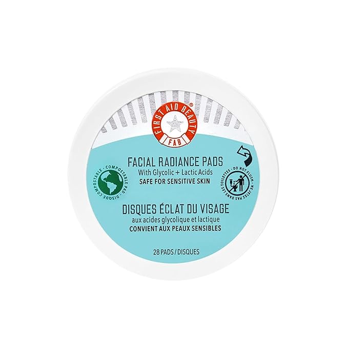 First Aid Beauty - Facial Radiance Pads with Glycolic & Lactic Acids, Daily Exfoliating Pads with AHA, Visibly Smaller Pores, Help Tone & Brighten Skin, One-Step Makeup Prep, Compostable, 28