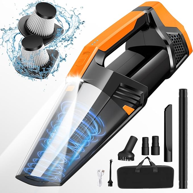 Car Vacuum Portable with LED Light, High Power Suction, Lightweight Rechargeable Hand Vacuum, Hand Held Vacuum Cleaner for Car Home Office, Pet Hair, Orange