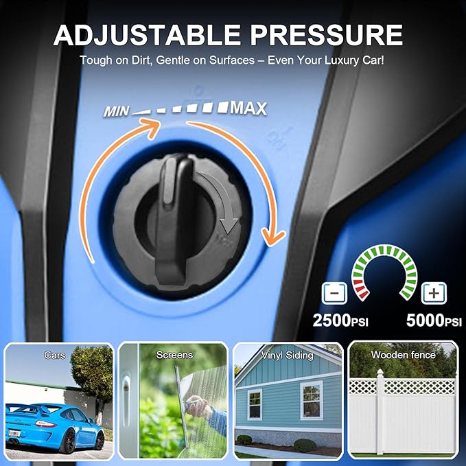 5000 PSI Adjustable Electric Pressure Washer, 2025 New Power Washer Pressure Adjustable (2500PSI-5000PSI) with 33ft Pressure Hose, 4 Nozzle and Detergent Tank for Cars, Upgraded 7050